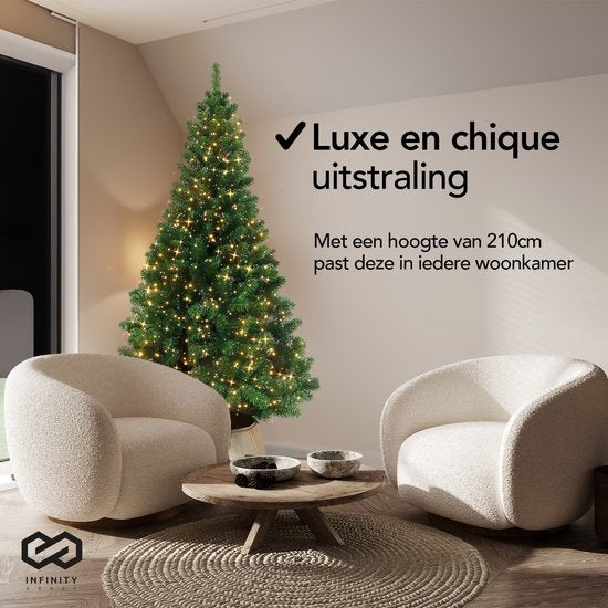 Infinity Goods Kunstkerstboom Met LED Verlichting - 210 cm - Realistische Kunststof Kerstboom - Metalen Standaard - Groen