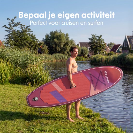 LifeGoods SUP Board Allround Compact - 100 KG Draagkracht - 300 x 76 cm - Opblaasbaar - Compleet SUP pakket - Rood/Lila