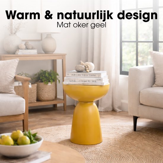 Mica Decorations Elliot Tafel - Salontafel Compact en Lichtgewicht - Nachtkastje met IJzeren Design - Bijzettafel voor de Woonkamer - Rond Tafelblad - H45 x Ø32 cm - Okergeel