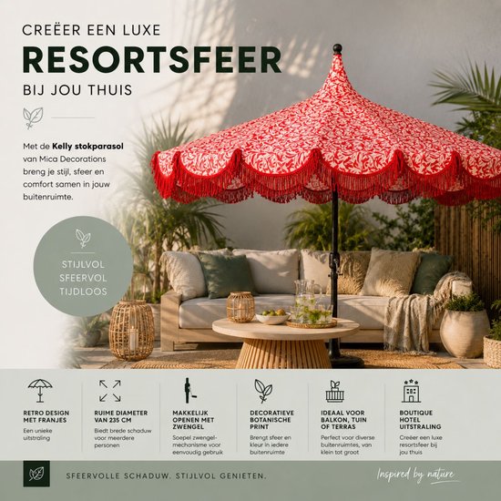Mica Decorations Kelly Parasol met Draagtas - Stokparasol 238 x Ø235 cm - Tuin of Balkonparasol - Polyester, Staal - Rood