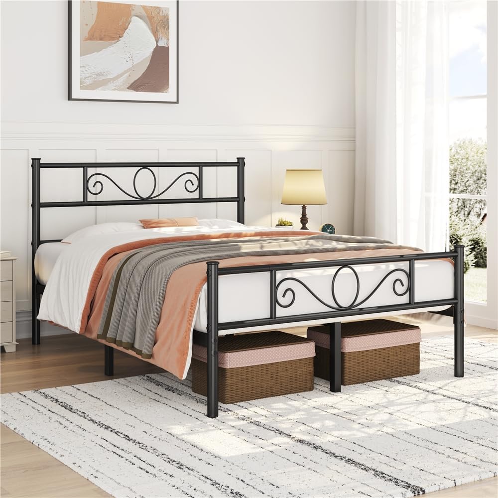 Yaheetech Metalen Bedframe 140 x 200 cm - Zwart - Modern Hoofdbord - Extra Opbergruimte