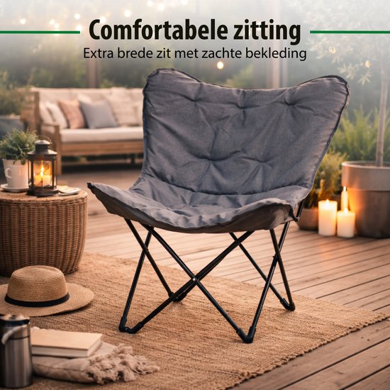 Camp active Vlinderstoel Opvouwbaar - Butterfly Chair Inclusief Draagtas - Campingstoel met Comfortabele Zitting - Lichtgewicht Klapstoel - 70 x 60 x 90 cm - Grijs