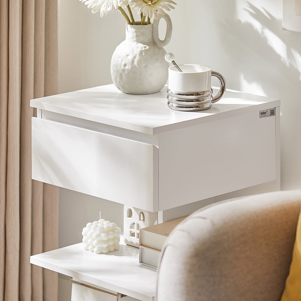 SoBuy Bijzetkastje - Salontafel met 1 uitschuifbare lade - Max. 60KG - 39 x 39 x 65 cm - Wit