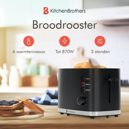KitchenBrothers Broodrooster - Broodrooster - 6 Warmteniveaus - 2 Extra Brede Sleuven - 870W - Zwart