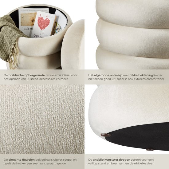 tectake® Kruk met opbergruimte - Scandi kruk fluweelstof - Ronde gestoffeerde poef voor kaptafel, slaapkamer, woonkamer of als halmeubel - Opbergkruk - creme