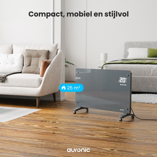 Auronic Elektrische Kachel – Convectorkachel met Thermostaat en Afstandsbediening - Glazen Paneelverwarming - 2000W Heater - Grijs