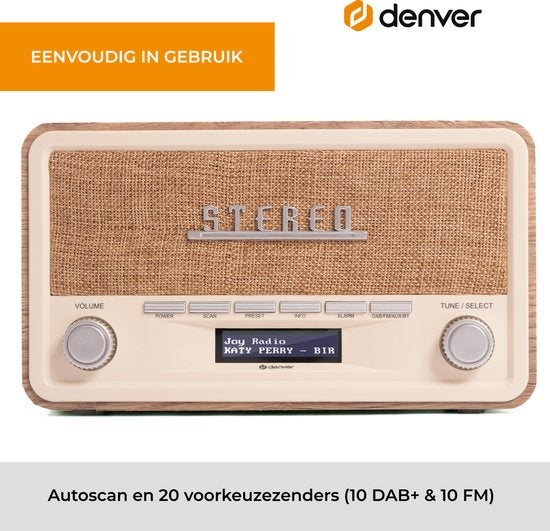 Denver DAB Radio - Retro Radio - Bluetooth - DAB+/ FM - Dimbaar - Batterijen & Netstroom - DAB18LW