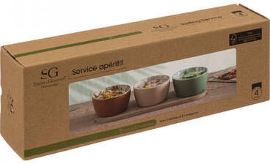 Secret de gourmet Serveerplank voor hapjes / nootjes - 3x schaaltjes - tapas en saus schaaltjes - kleuren mix - hapjes plateau