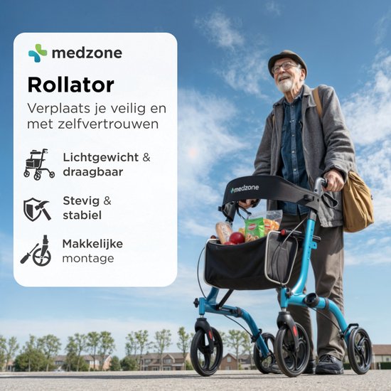 Medzone Rollator Lichtgewicht en Opvouwbaar - Zitfunctie - Binnen en Buiten - Rugleuning en Wandelstok Houder - Blauw