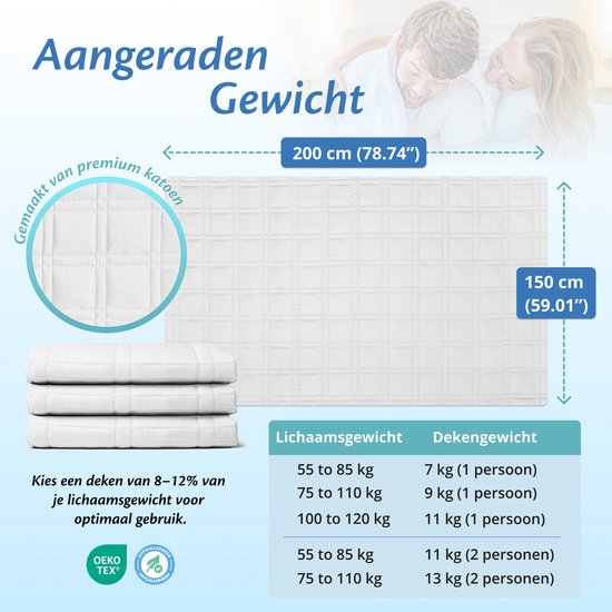 EL Life Verzwaringsdeken 9 kg - OEKO-TEX Katoen Zwaartedeken 150 x 200cm - Weighted Blanket - Verzwaarde Deken - Wit