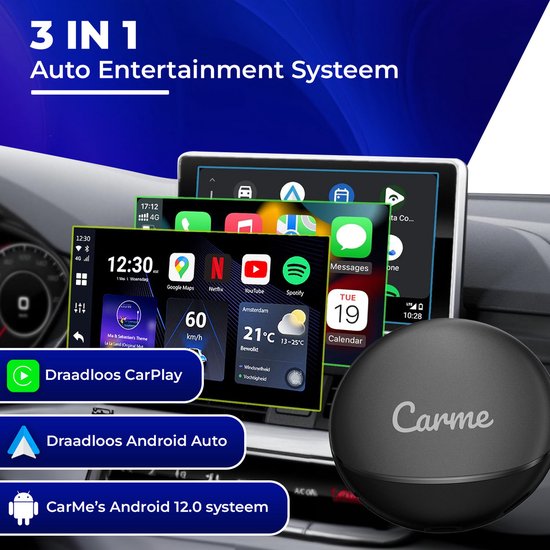 CarMe CarPlay AI Box - Installeer Elke App op je Autoscherm - Youtube & Netflix - Upgrade CarPlay en Android Auto - CarPlay Dongle - Android Auto Dongle - Nieuwste Model 2024 - Zwart