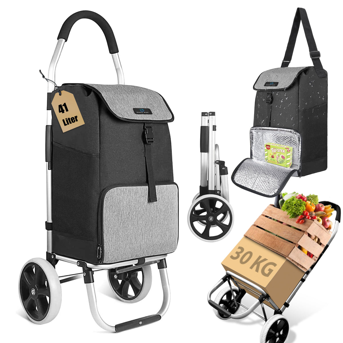 SafeLife Boodschappentrolley Grijs – 38 × 45 × 103 cm – Inklapbaar, Lichtgewicht & Met Koelvak