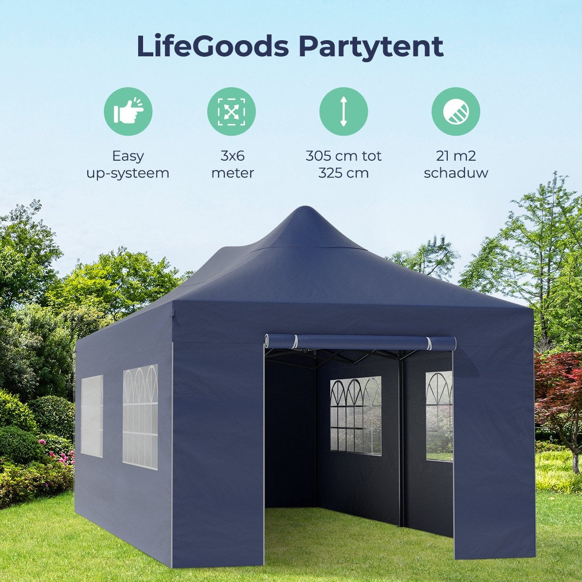 LifeGoods Partytent - Paviljoen - EasyUp - Opvouwbaar - 4 Zijwanden - Waterdicht - Met Draagtas met wieltjes - 300 x 600 cm - Donkerblauw