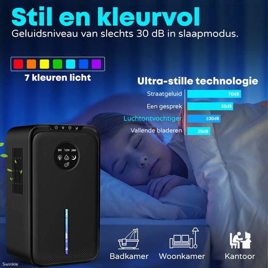 Swinkle® Luchtontvochtiger en Luchtreiniger - Ontvochtigt tot 1L per Dag - Dehumidifier geschikt voor Woonkamer, Slaapkamer, Badkamer met LED Scherm