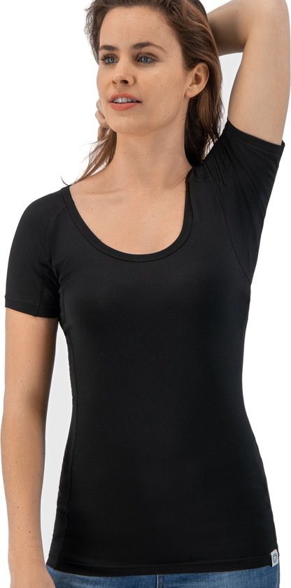 Anti Zweet Shirt - Fibershirts® - Ingenaaide Okselpads - Ondershirt - Zwart - Ronde Hals - Dames - Maat M
