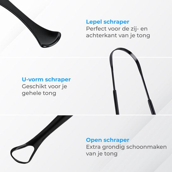 Nuvance Professionele Tongschraper - 3 in 1 Set - voor Mondverzorging - Tongreiniger - Tong Schraper - Tongue Scraper - RVS - Zwart