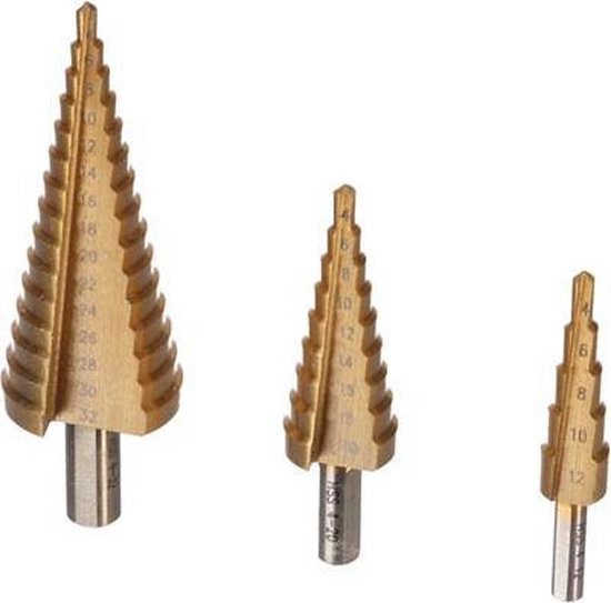 Toolland HSS-stappenboor, voor alle metalen, titanium coating, set van 3 stuks, maten Ø 4-12/4-20/4-32 mm