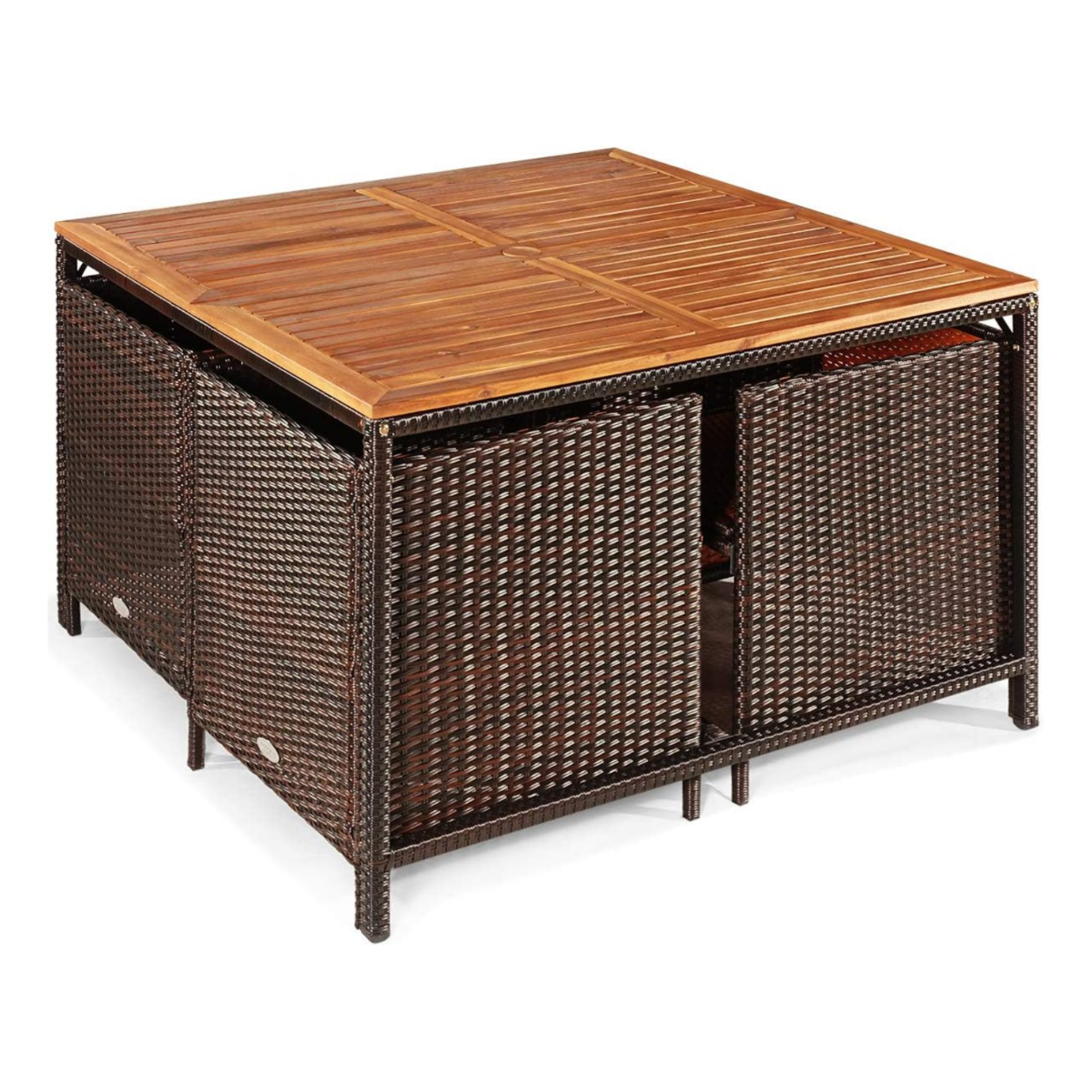 9-Delige Polyrotan Tuinset Bruin/Beige – 110 x 110 cm Tafel – Inklapbare Stoelen & Voetenbank – Weerbestendig Rotan met Acaciahout