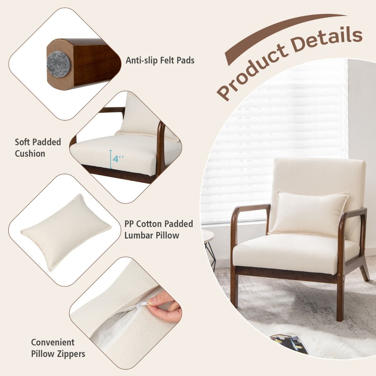 Coast Fauteuil Loungestoel Woonkamer Gestoffeerd met Armleuningen, Rubberhout, Beige, 65 x 79 x 77 cm