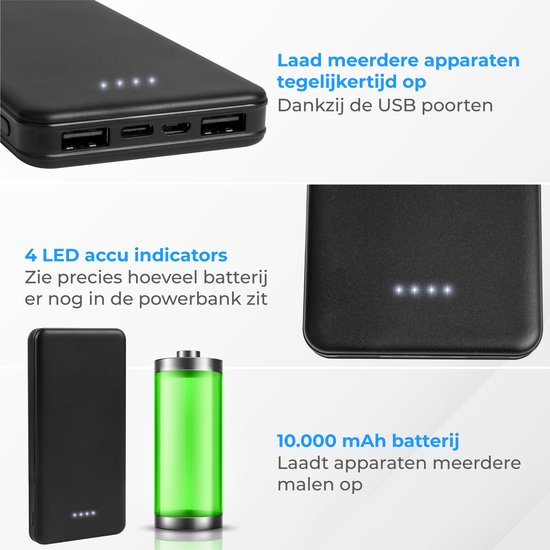 Nuvance - Powerbank 10000 mAh - Snellader - Compact Design - 2x USB, USB-C & Micro USB - Universele Powerbanks voor Smartphones, Tablets & Gadgets - Externe Batterij - Zwart