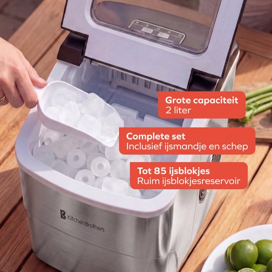 KitchenBrothers Ijsblokjesmachine - 2L - 12kg/24 uur - IJsschep - IJsblokjesmaker - Zelfreinigingsfunctie - Zilver