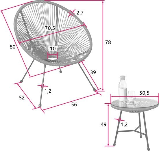 tectake® - Tuinmeubel-bistroset - 2 stoelen en 1 tafel - Retro Egg Chairs in Acapulco-stijl - Weerbestendig binnen- en buitengebruik - Tuinset voor terras of balkon - Zwart