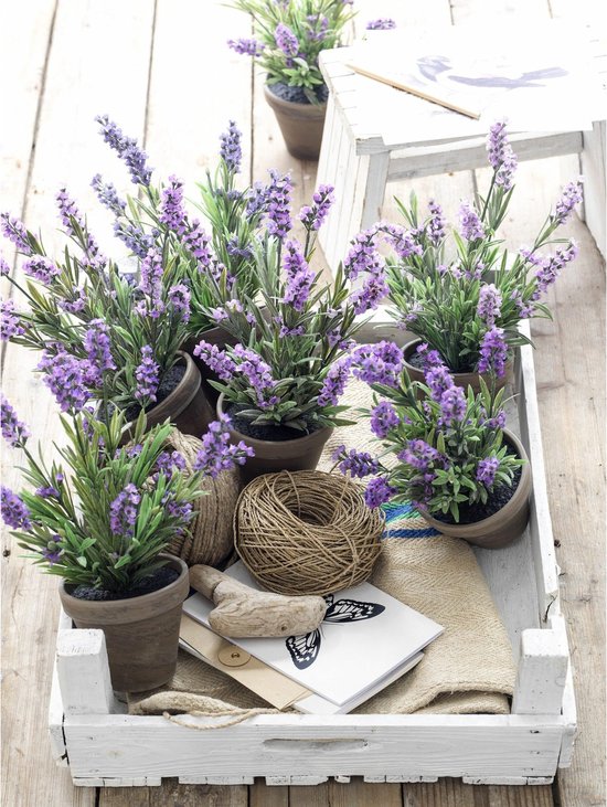Mica Decorations Kunstplant Lavendula/lavendel - groen/paars - D22 x H33 cm - grijze pot - kamerplant - kunstbloemen
