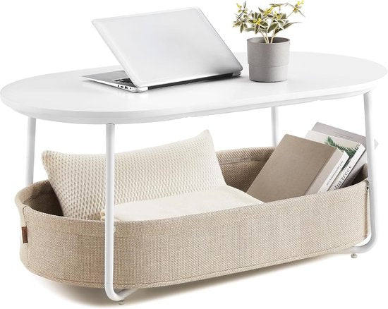Furnstar - Salontafel ovaal - Tafel met opbergruimte - Bijzettafel - Woonkamertafel met mand van stof - Modern design - Metalen frame - Matwit Camelbruin