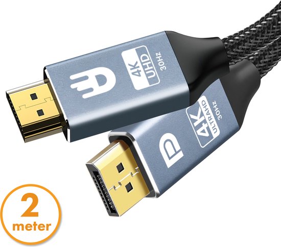 Drivv. Premium Displayport naar HDMI Kabel - 4K 30hz - Nylon - 2 meter - Grijs