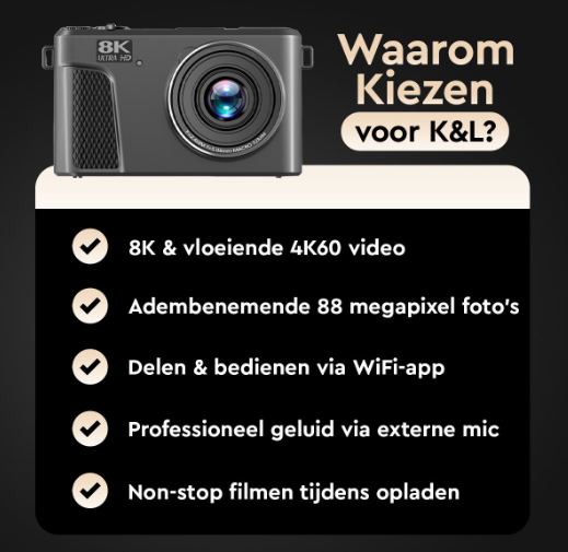 K&L 8K Digitale Camera Zonder 128GB SD-kaart - 88 MP - 18x Zoom - WiFi - 3,0" UHD - Vlogcamera