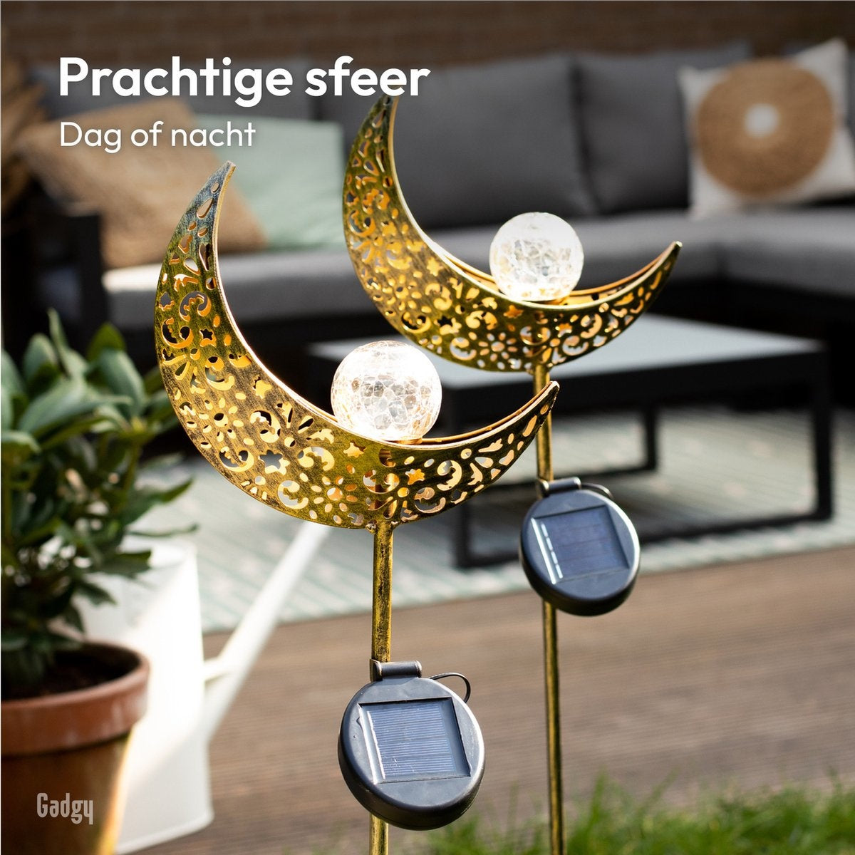 Gadgy Solar Maan Lamp met grondspies - Set van 2 st. - LED met Sensor - 88 cm hoog - Brons - Metaal