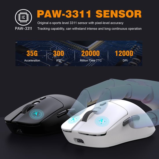 Fuegobird T68 - 2.4G Draadloze Gaming Muis - 12000DPI - PAW3311 - FPS/MOBA/MMO - Gaming muizen - Ultra licht - Wit