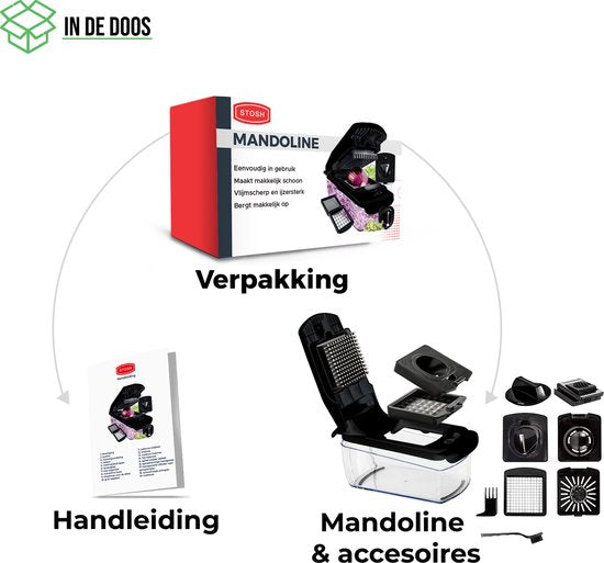 Stosh Mandoline - Groentesnijder - Uiensnijder - Spiraalsnijder - 7 Delig - BPA vrij - Zwart