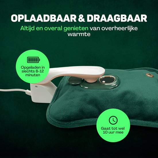 Vulpes Goods® - Elektrische Kruik - Zacht Groen Flanel - Digitaal Display - Draadloos & Energiezuinig - Incl. HandwarmerTegen Menstruatieklachten & Spierpijn - Warmtekruik voor in Bed