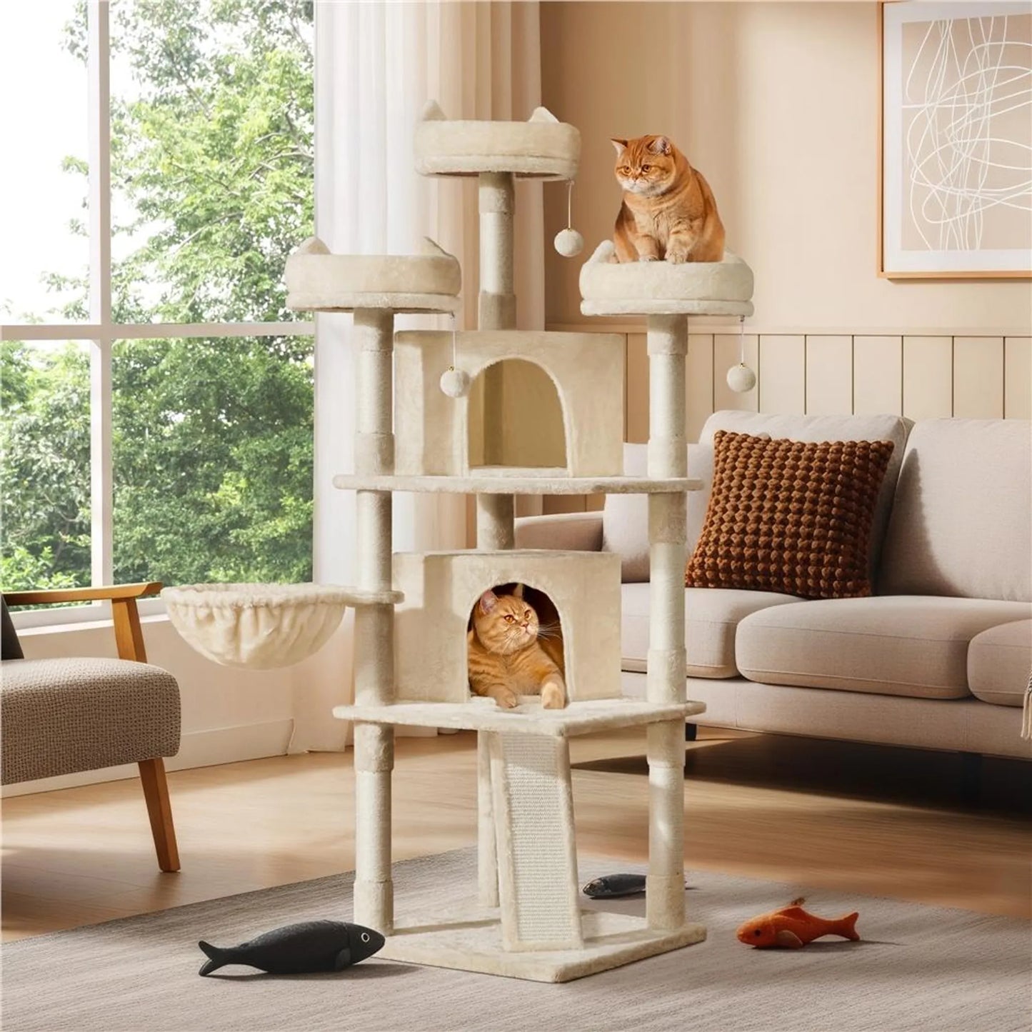 Yaheetech Krabpaal XXL Met 3 Uitkijkplatformen – Voorzien Van 2 Kattenholen En Krabplank En Anti-kantelsysteem – Voor Huishoudens Met Meerdere Katten – Beige Pluche En Sisal – 55,5 x 55,5 x 175 cm