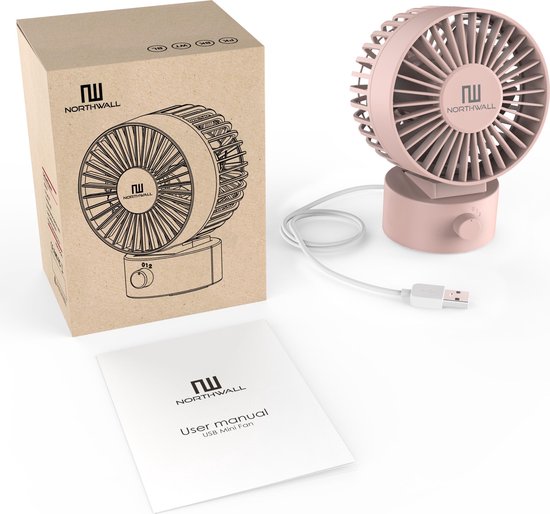 Northwall Mini USB Ventilator - Tafelventilator Roze - Stille Mini Fan - Retro Bureau Ventilator - Klein, Stil en Geruisloos - Dual Motoren - Kantelbaar - 2 Snelheden