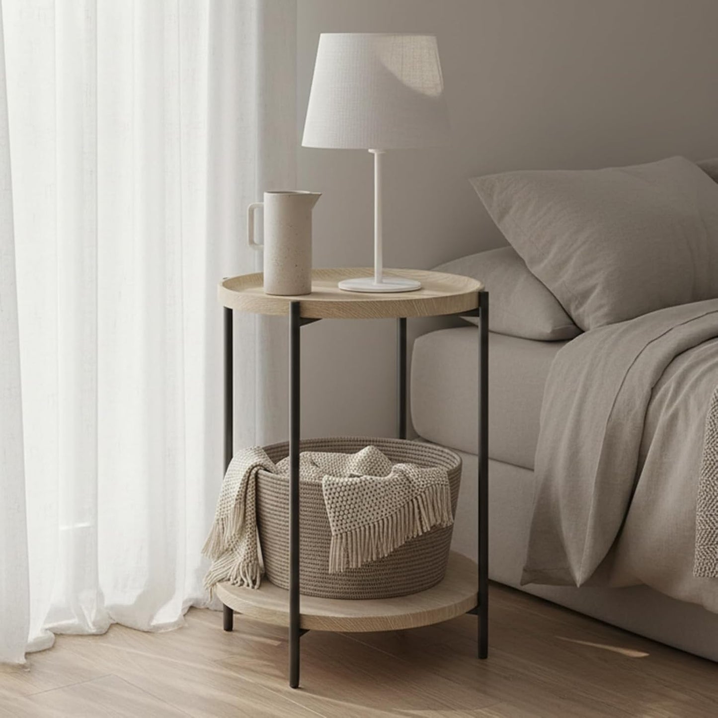 WOLTU Bijzettafel Rond - Licht Eiken - 2 Planken