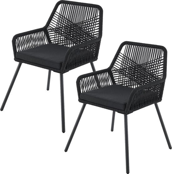 2 Stuks Tuinstoel Kastos met touwgaas - Zwart - Incl. Zitkussen