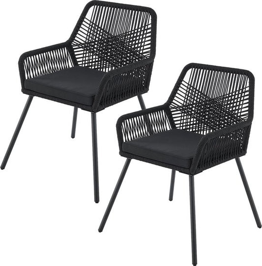 2 Stuks Tuinstoel Kastos met touwgaas - Zwart - Incl. Zitkussen