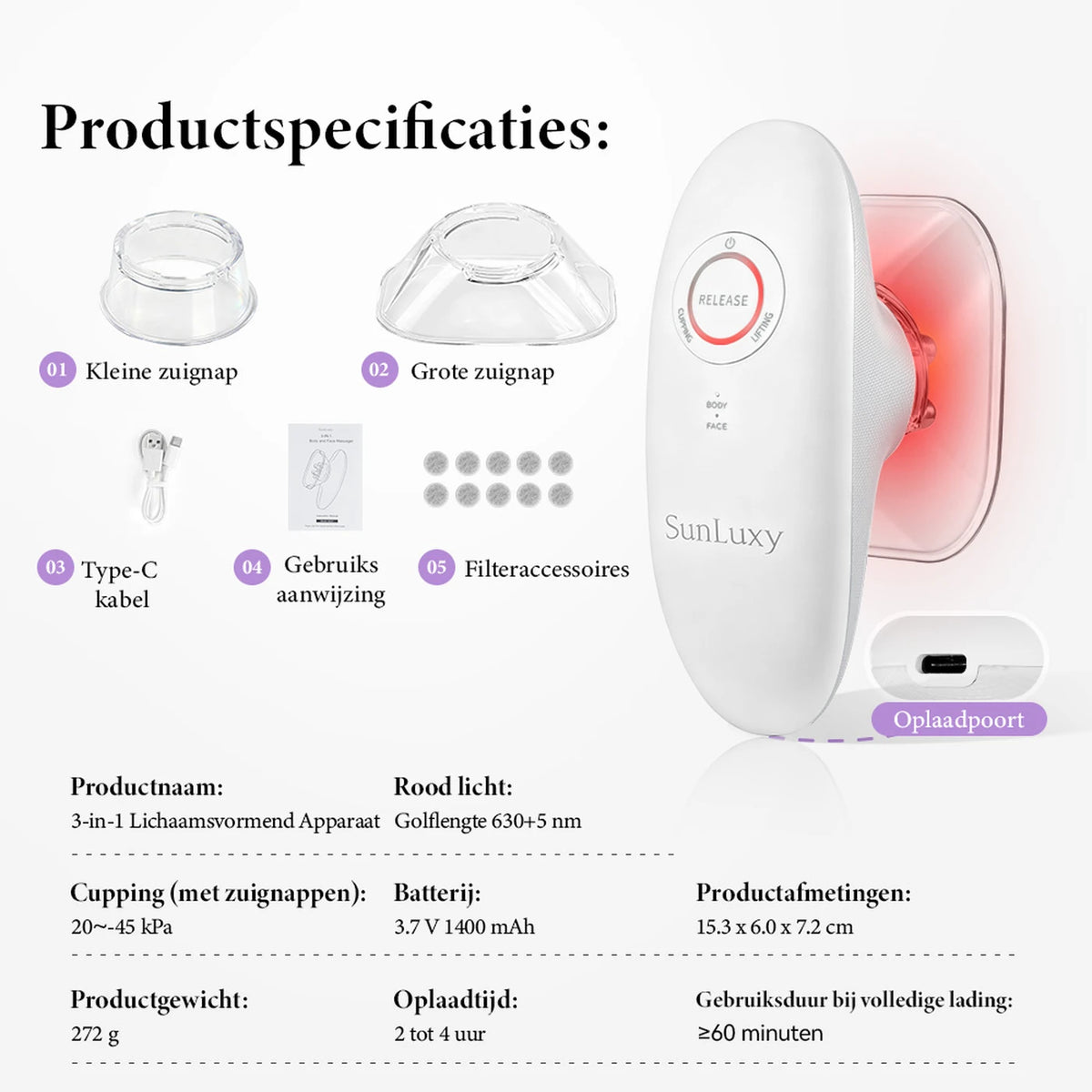 Sunluxy BCE1 Anti-Cellulitis Massageapparaat - EMS + Vacuüm + Rood Licht - 3 Standen voor Lichaam en Gezicht - Oplaadbaar - 19,4 x 17 x 7,8 cm