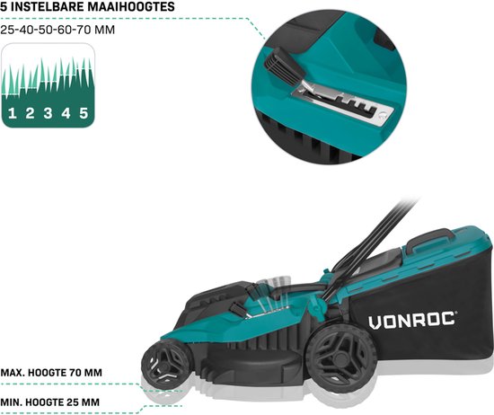 VONROC Grasmaaier - 1600W – 38 cm maaibreedte - Vijf instelbare maaihoogtes: 25/40/50/60/70 mm - Incl. 42L Opvangbak