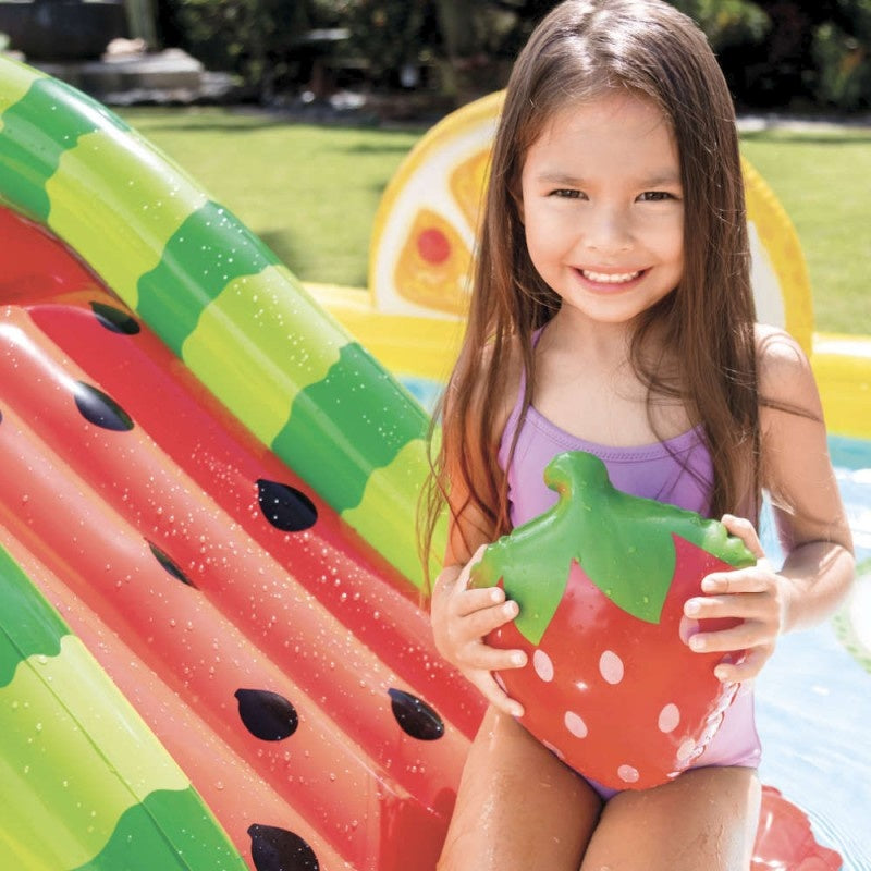 Intex Opblaasbaar Kinderzwembad - Met Glijbaan - Fruit - 244 x 191 x 91 cm + + INCL. Free And Easy Zwembadtegels Foam Blauw 9 Stuks