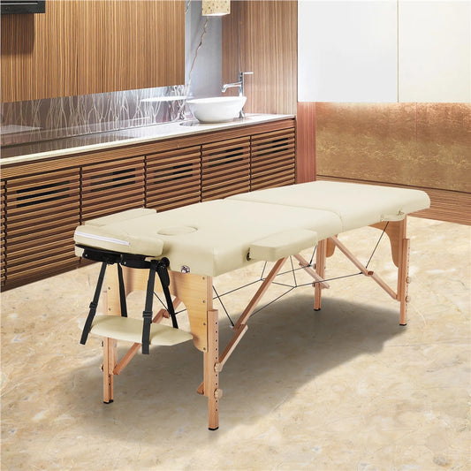 Yaheetech Massagetafel Opvouwbaar – 213 x 82 x 64-85,5 cm – Voorzien Van Beukenhouten Poten En Verstelbare Hoofdsteun En Draagtasfunctie – Voor Schoonheidssalon En Massagestudio – Crème Kunstleer En Hout