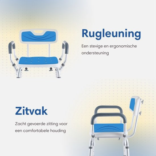 SafeLife – Douchestoel Met Rugleuning – In 6 Hoogtes Verstelbaar & Anti-slip Poten – Voorzien Van Gevoerd Zitvlak En Afneembare Armleuningen – Voor Ouderen En Revalidatie – Wit Aluminium