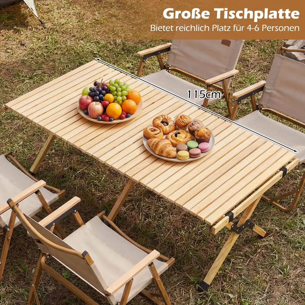 Coast Opvouwbare Campingtafel 122 × 60 × 45 cm – Houten Picknicktafel voor 4-6 Personen met Oprolbaar Tafelblad & Draagtas – Naturel