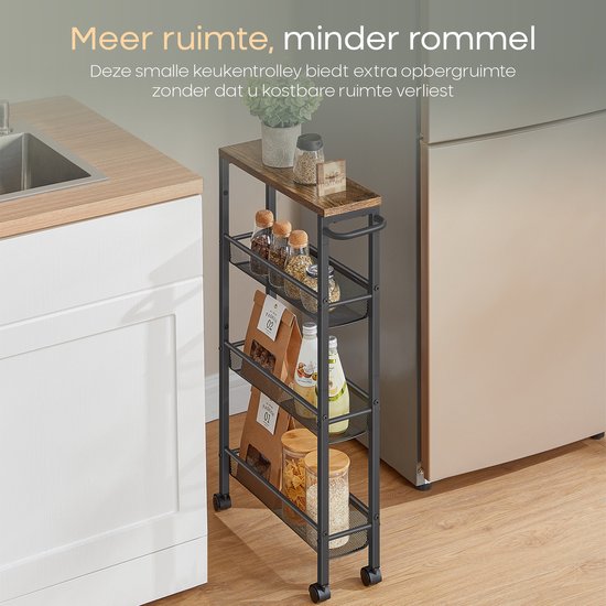 O'DADDY® Keukentrolley - Smalle Rolwagen - Keukeneiland - Serveerwagen - Keukentrolley Op Wieltjes - Keuken Trolley - Industrieel Design - Bruin Hout - Zwart Metaal