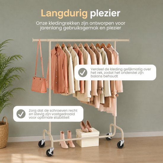 O'DADDY® Kledingrek - Kledingrek op Wieltjes - Kledingrek metaal - Kleding rek - Kledingrekken - Garderoberek - Kledingstang - Kledingrek - Uitschuifbare Kledingstang - Verstelbare Hangstang - Stabiel tot 130 kg - Beige