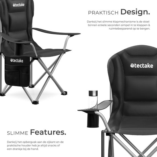 tectake® Campingstoel - Kampeerstoel - Opvouwbare stoel - Inclusief bekerhouder, opbergvak en draagtas - Luxe outdoorstoel - Glampingstoel