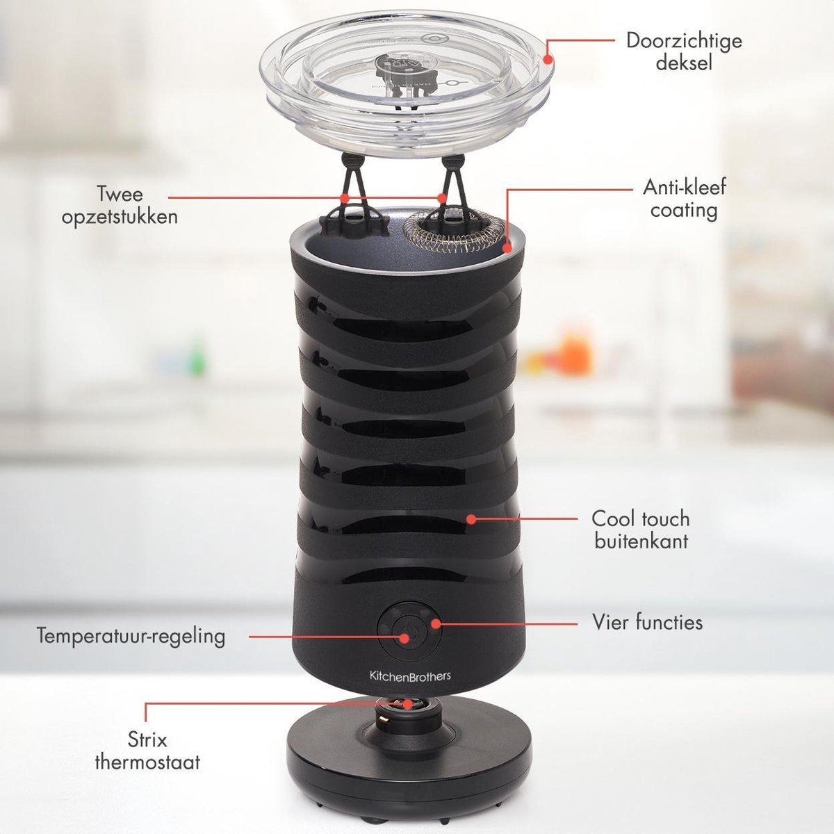 KitchenBrothers Elektrische Melkopschuimer - 4-in-1 - 240 ML - Handige Melkschuimer - Zwart