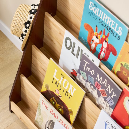 SoBuy KMB32-N Boekenkast voor kinderen, speelgoed, boekenkast, 4 niveaus, met 2 haken, boekenrek, opbergkast, slaapkamer, kantoor, woonkamer, natuur, 91 x 30 x 89 cm